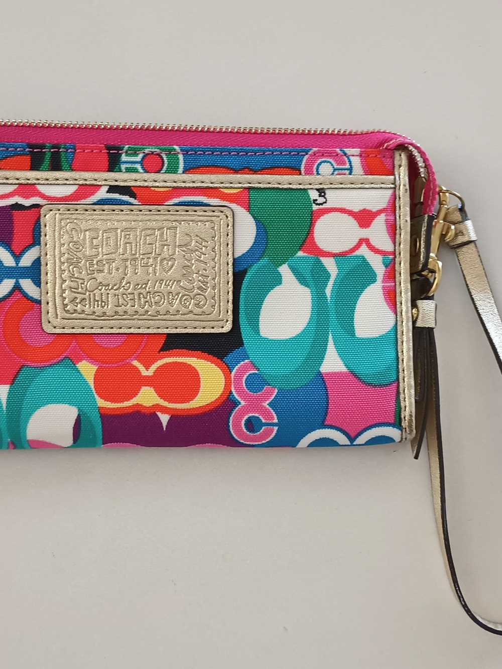 Coach Multicolor Signature Print Wristlet with Gold Accent